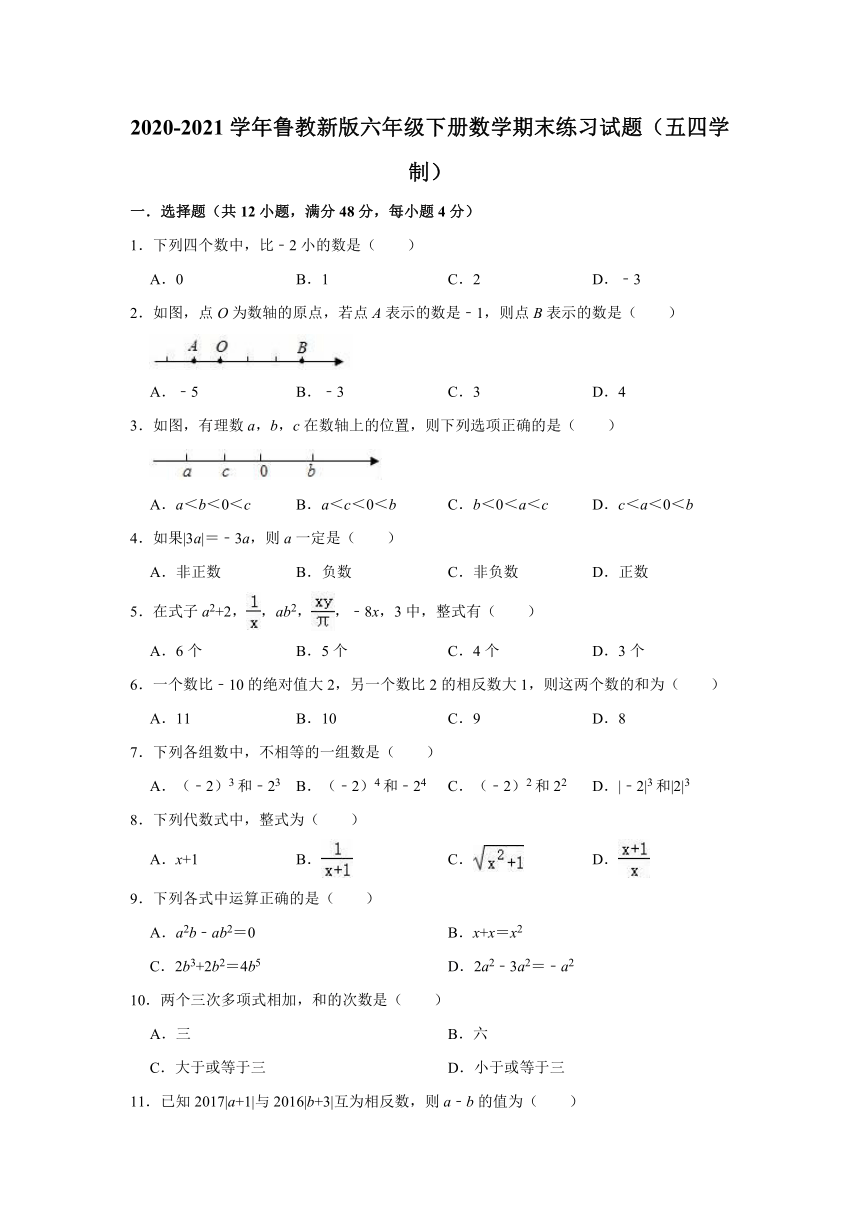 2020-2021学年鲁教新版六年级下册数学期末练习试题（五四学制）（word有答案）