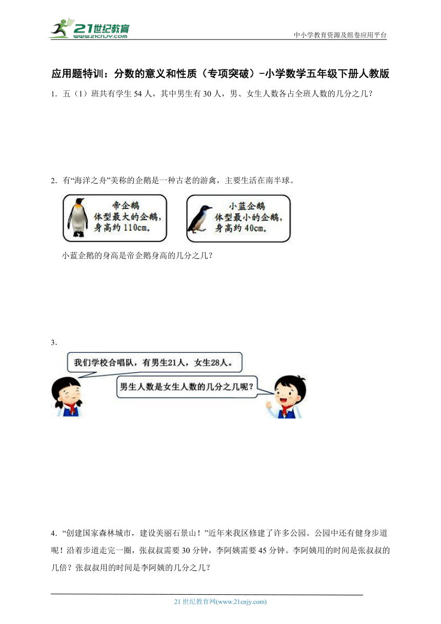 应用题特训 分数的意义和性质（专项突破） 小学数学五年级下册人教版（含答案）