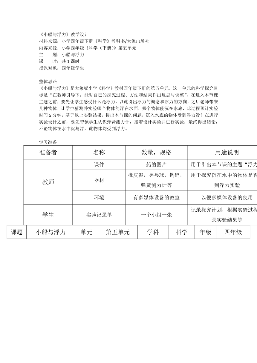 大象版（2017秋） 四年级下册5.1小船与浮力 （教案) （表格式）