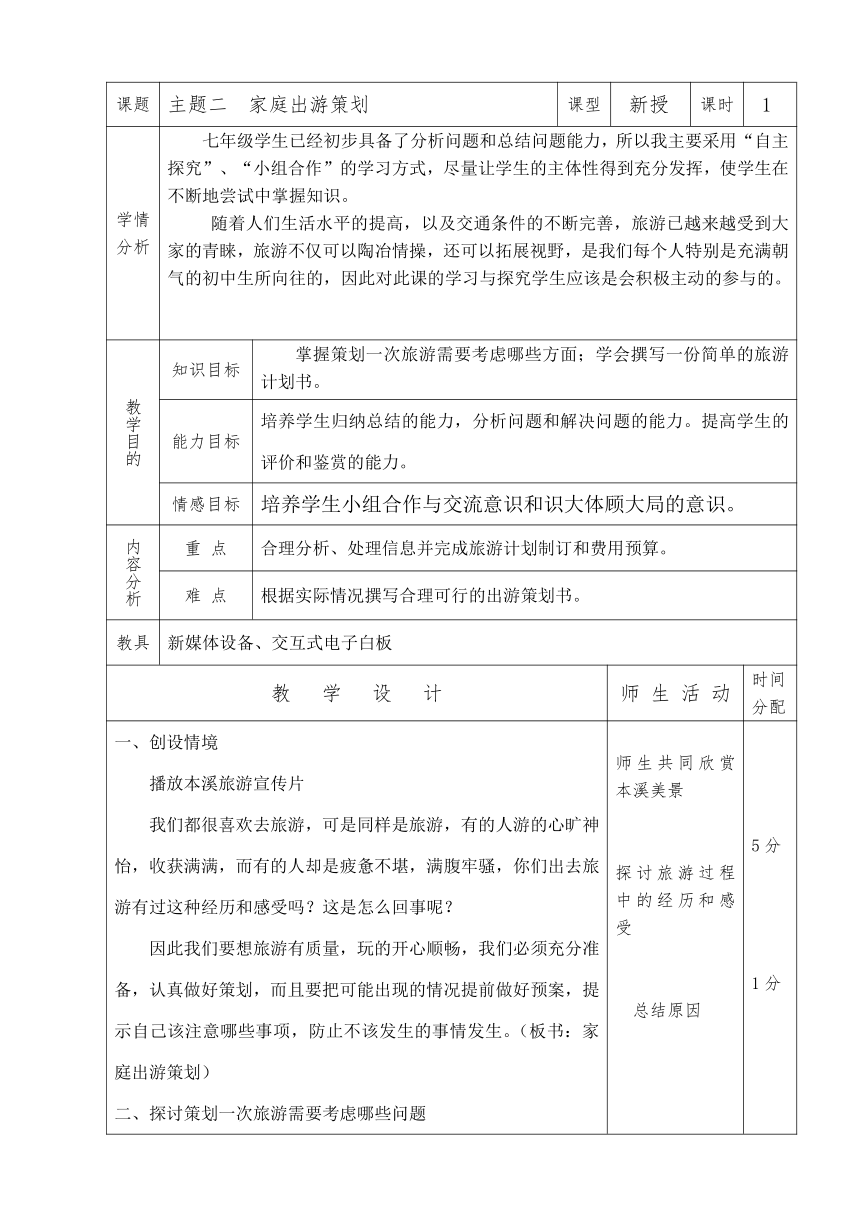 综合实践活动 沈阳社课标版七年级 主题二 家庭出游策划 教案