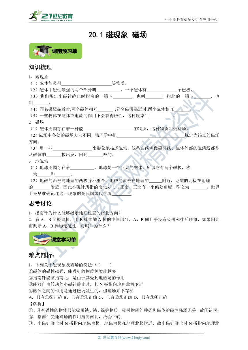 双减作业本20.1磁现象 磁场（有解析 ）