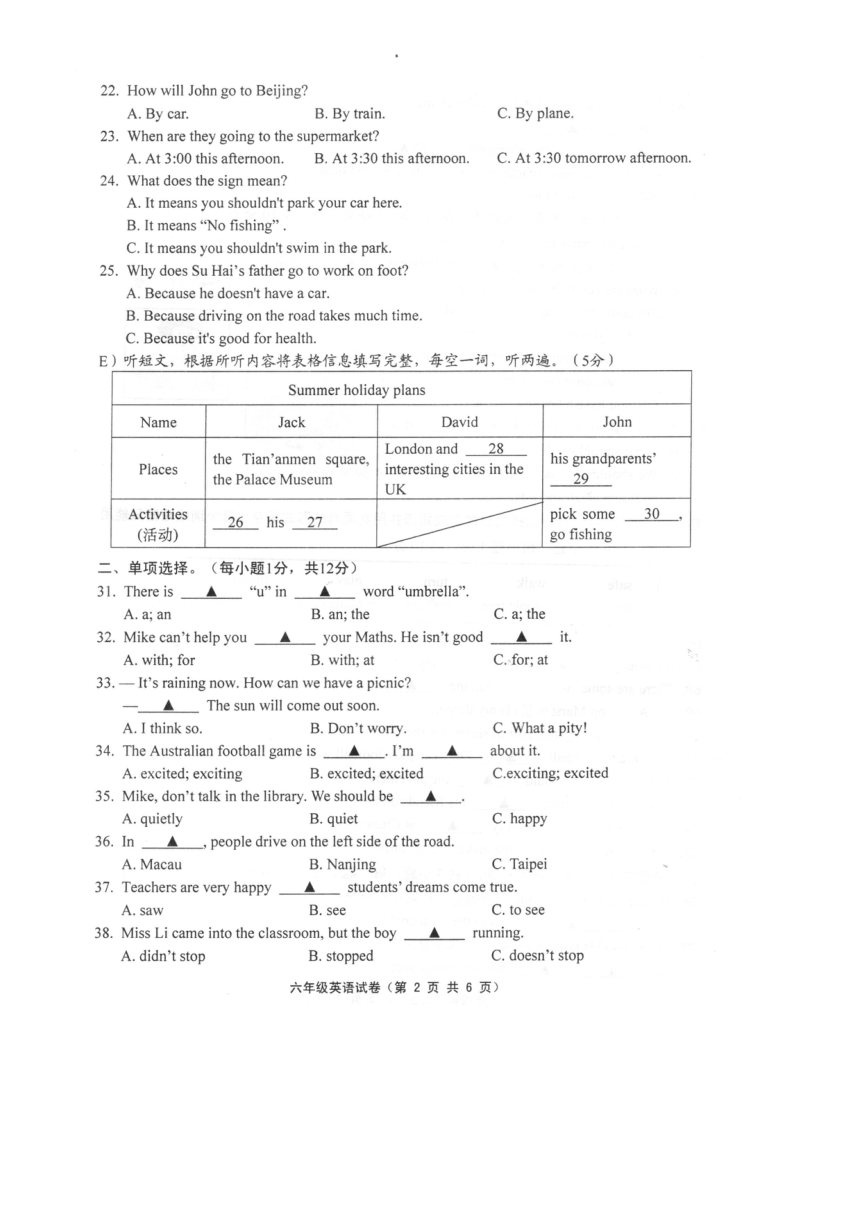 江苏镇江句容市2022-2023学年第二学期六年级英语期末试卷（图片版 无答案，无听力原文及听力音频）