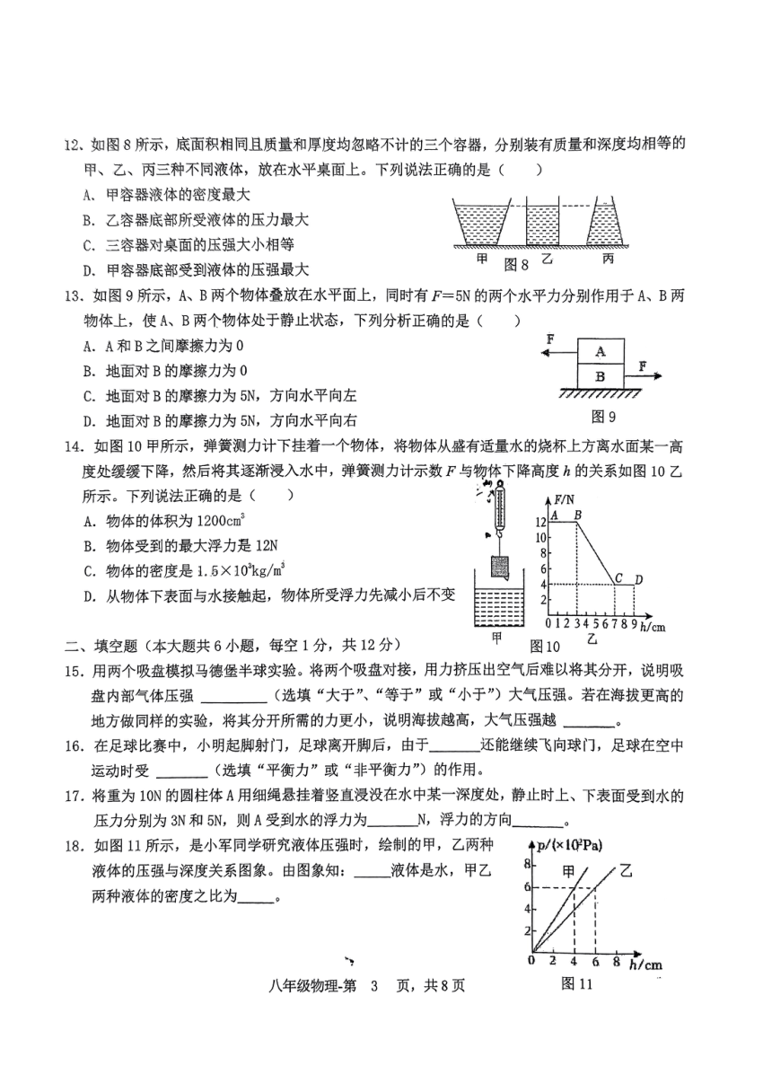 福建省福州第十九中学2023-2024学年下学期八年级物理期中试卷（PDF版 无答案）