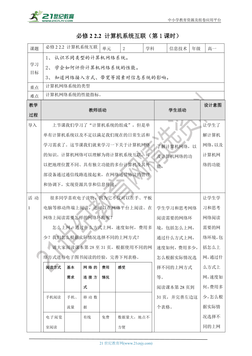 必修2  2.2 计算机系统互联 第1课时 教案