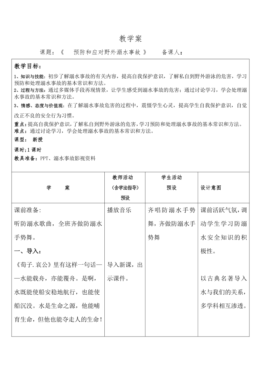 小学班会 《预防和应对野外溺水事故》教案（表格式）