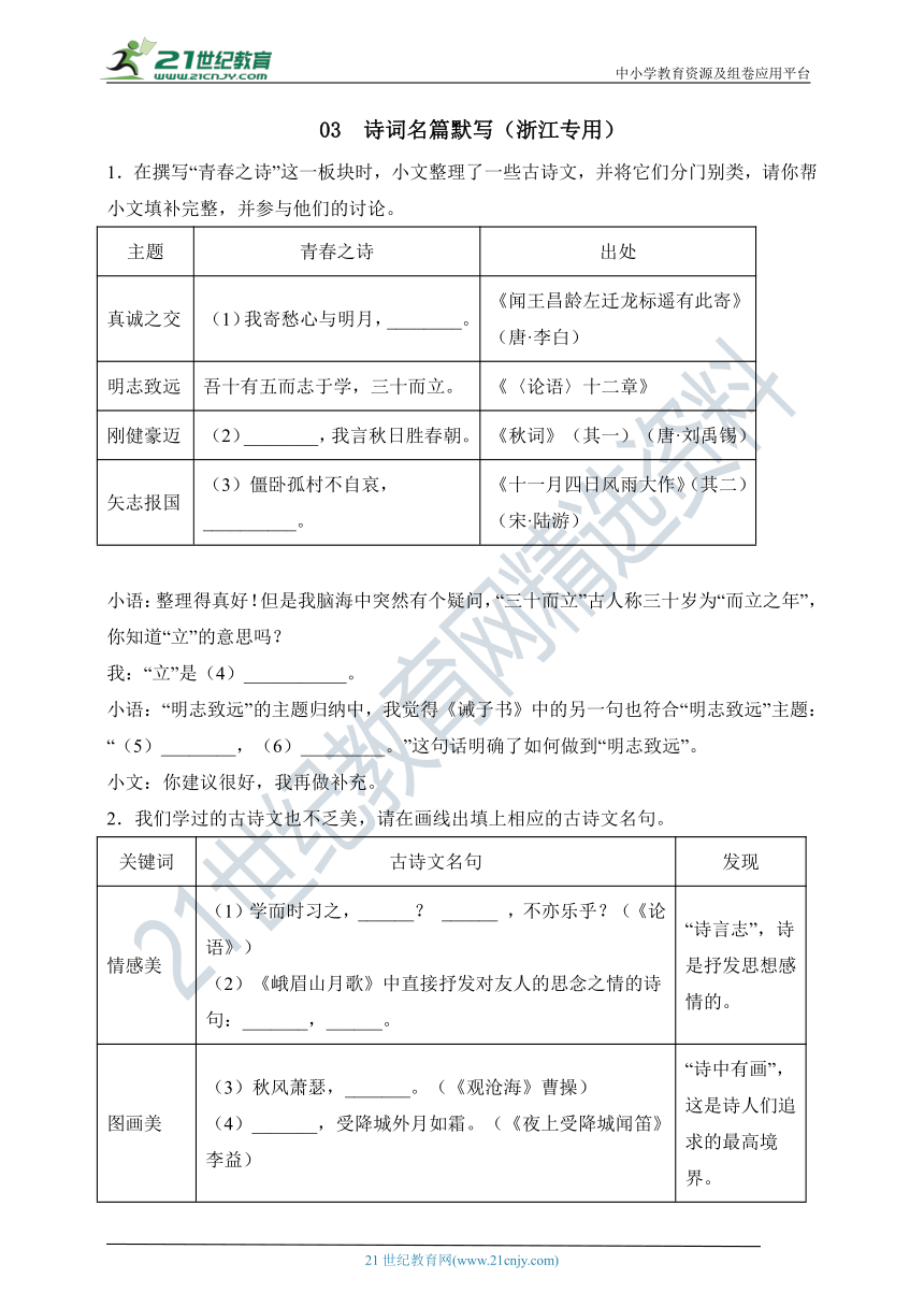 2022-2023学年度七上期末专项复习03 诗词名篇默写-及答案解析（浙江专用）