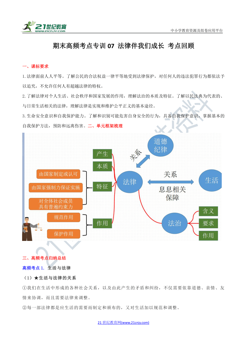 七年级下册道德与法治 期末高频考点专训07 法律伴我们成长 考点回顾（含答案）