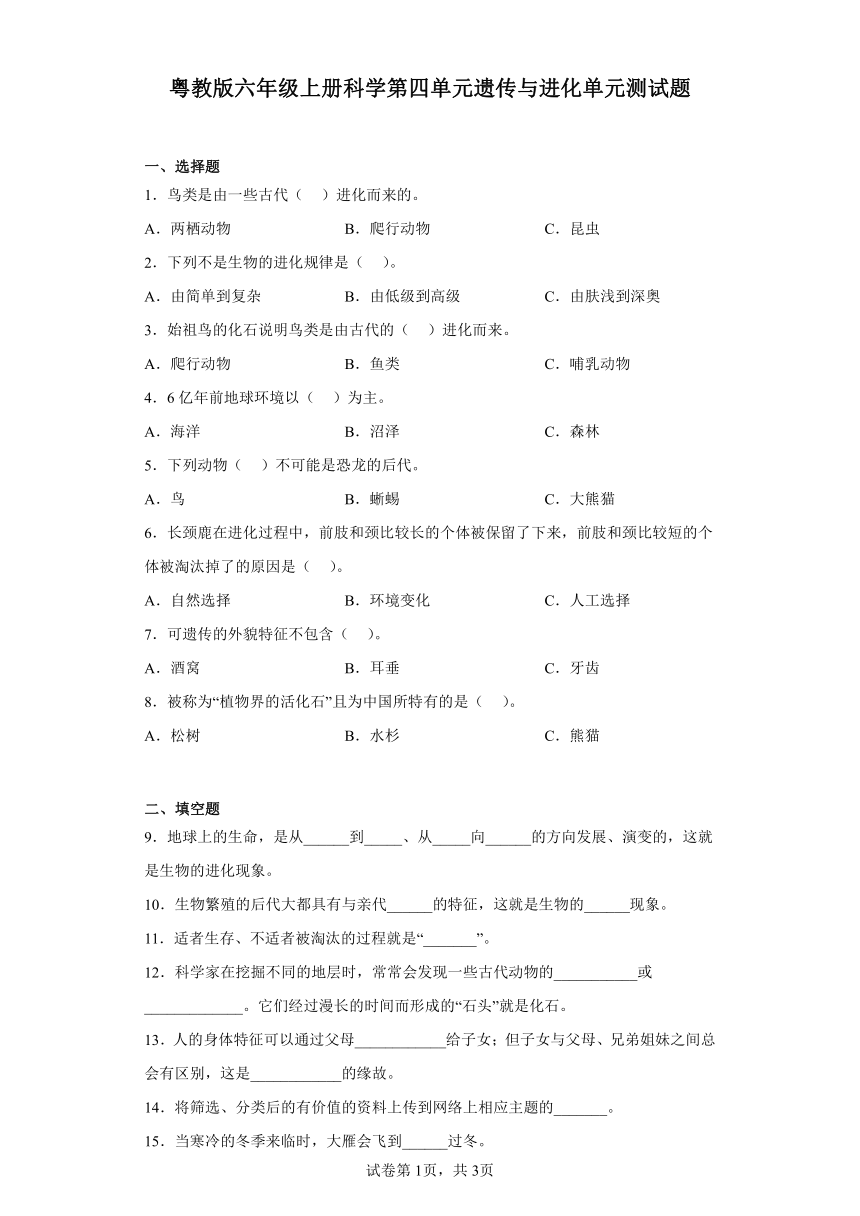 粤教版六年级上册科学第四单元遗传与进化单元测试题