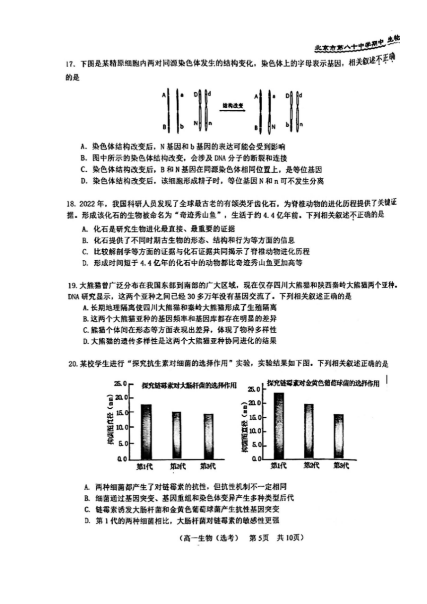 2024北京八十中高一（下）期中生物（选考）（PDF版无答案）