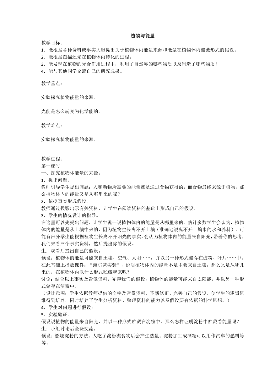 冀教版（2001）六年级科学上册2.9植物与能量 教案