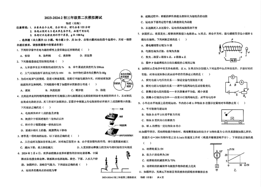 2024年新疆乌鲁木齐第十三中学等校中考二模物理试题（PDF版 无答案）