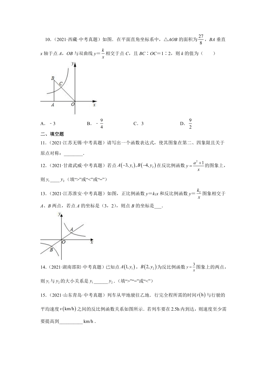 2021-2022学年北师大版九年级数学上册第六章反比例函数期末章节总复习1（Word版,含答案）