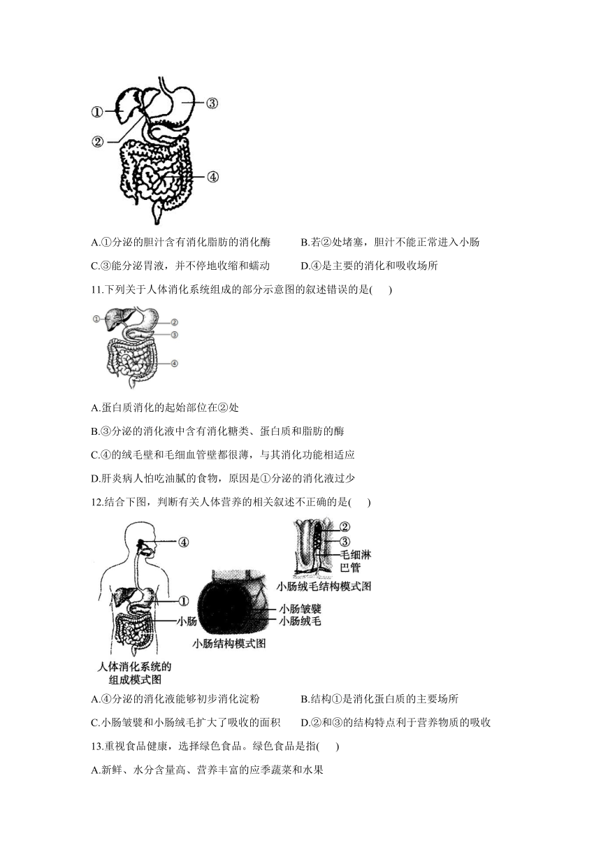 2020-2021学年七年级下册生物冀少版单元测试AB卷 第二单元第一章 合理膳食 平衡营养 B卷（word 答案解析版）