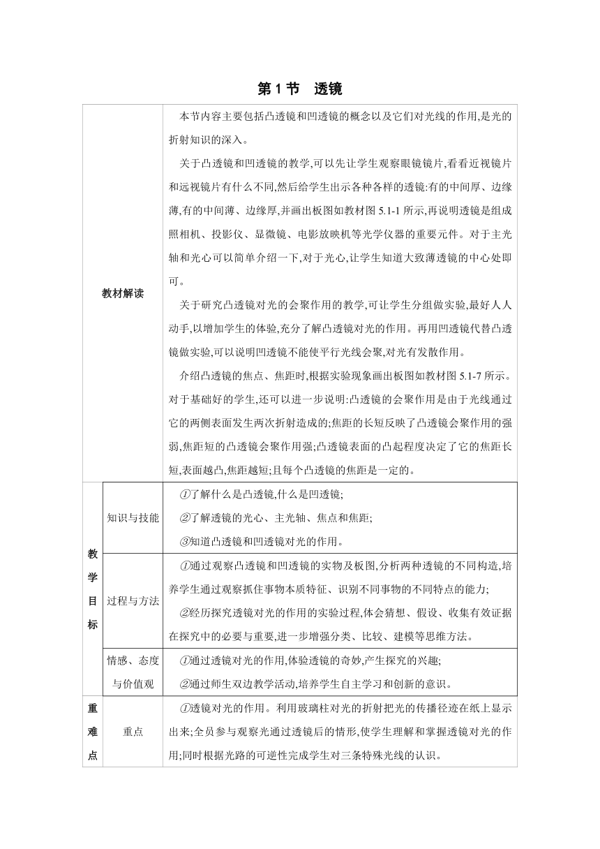 2023-2024学年人教版物理八年级上册同步教案：5.1 透镜（表格式）