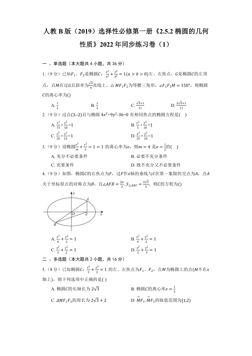人教B版（2019）选择性必修第一册《2.5.2 椭圆的几何性质》2022年同步练习卷（含解析）