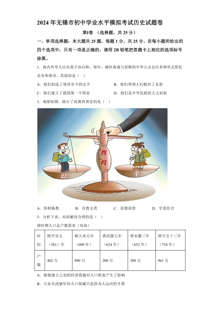 2024年江苏省无锡市初中学业水平模拟考试历史试题（含解析）