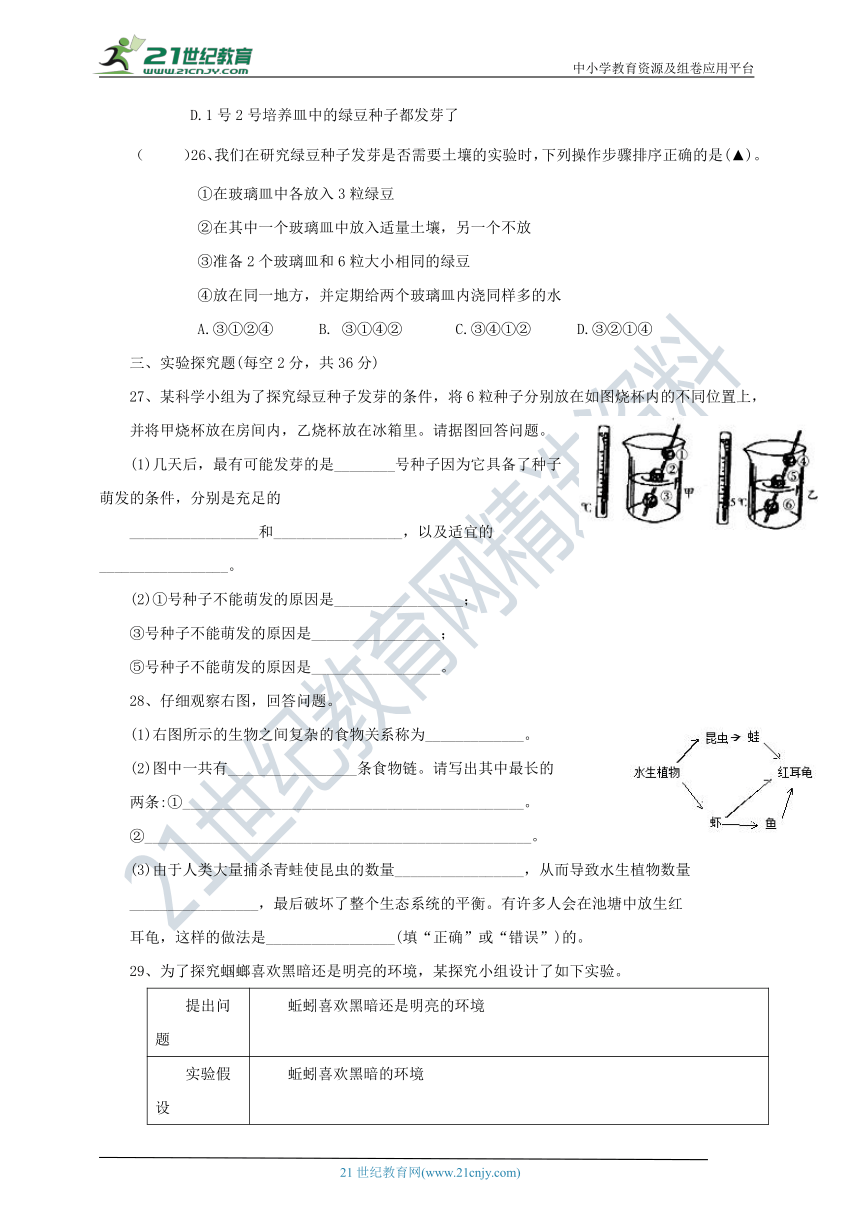 教科版（2017秋）五年级科学下册双减政策下第一单元生物与环境摸底练习B(含答案）