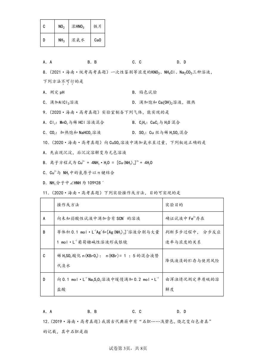 海南省（2018-2022）五年高考化学真题分层汇编-01常用无机物及其应用（基础题）（含解析）