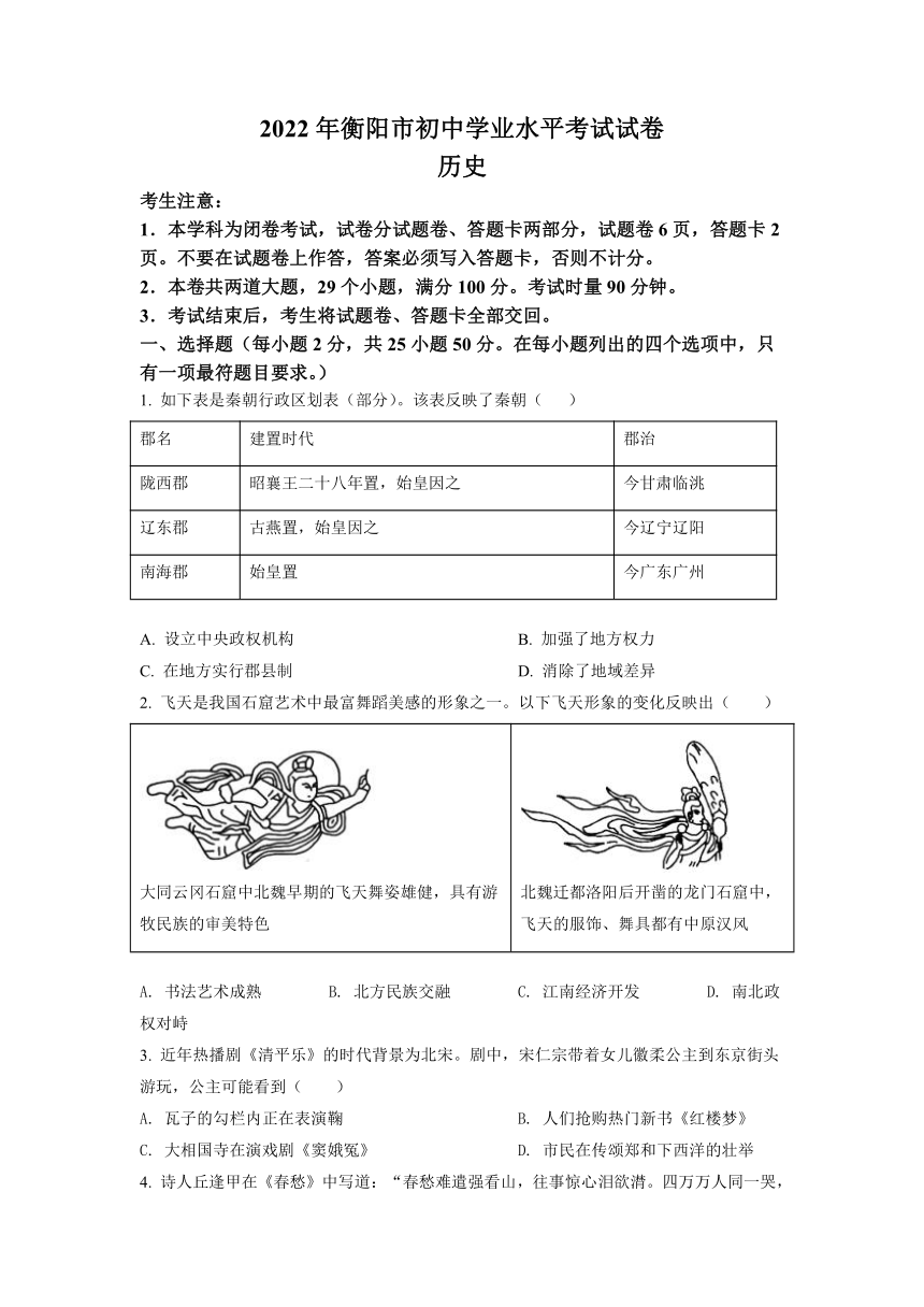 2022年湖南省衡阳市中考历史真题（Word版，含答案）