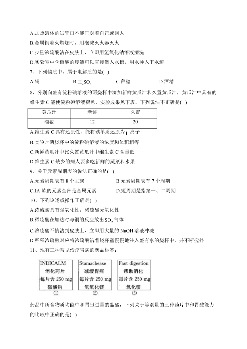 陕西省2022年学业水平考试模拟（二）化学试卷（含答案）