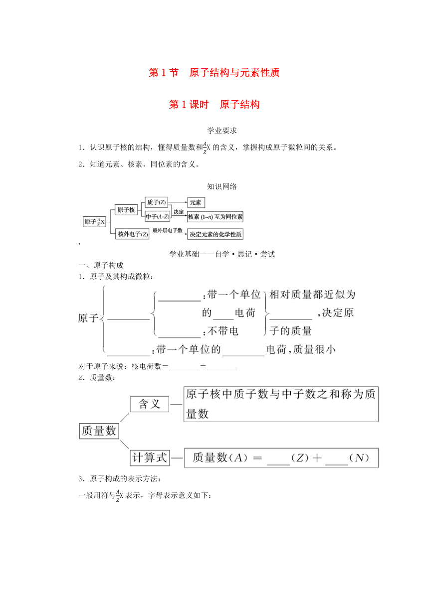 第1章原子结构元素周期律第1节原子结构与元素性质第1课时原子结构学案（含答案）鲁科版必修第二册新教材2023版高中化学