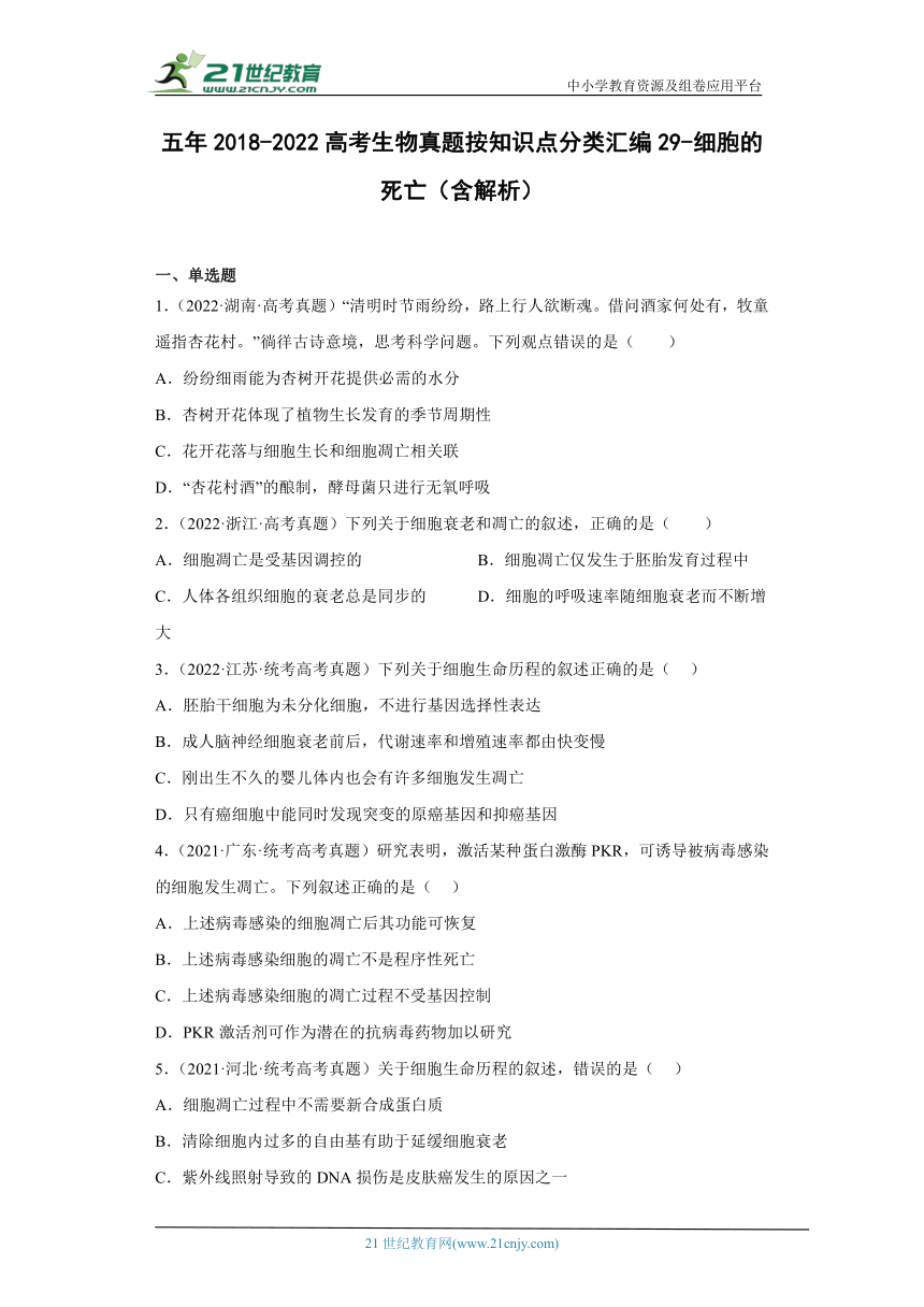 五年2018-2022高考生物真题按知识点分类汇编29-细胞的死亡（含解析）