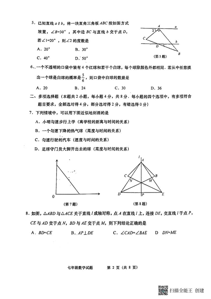 山东省青岛市黄岛区2022-2023学年七年级下学期6月期末数学试题（扫描版，无答案）