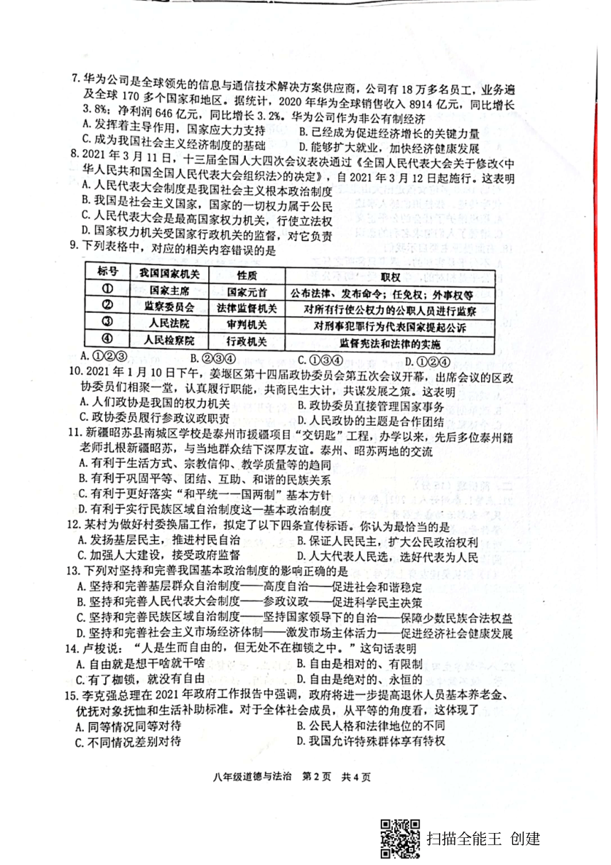 江苏省泰州市姜堰区2020-2021学年八年级下学期期末调研测试道德与法治试题（扫描版无答案）
