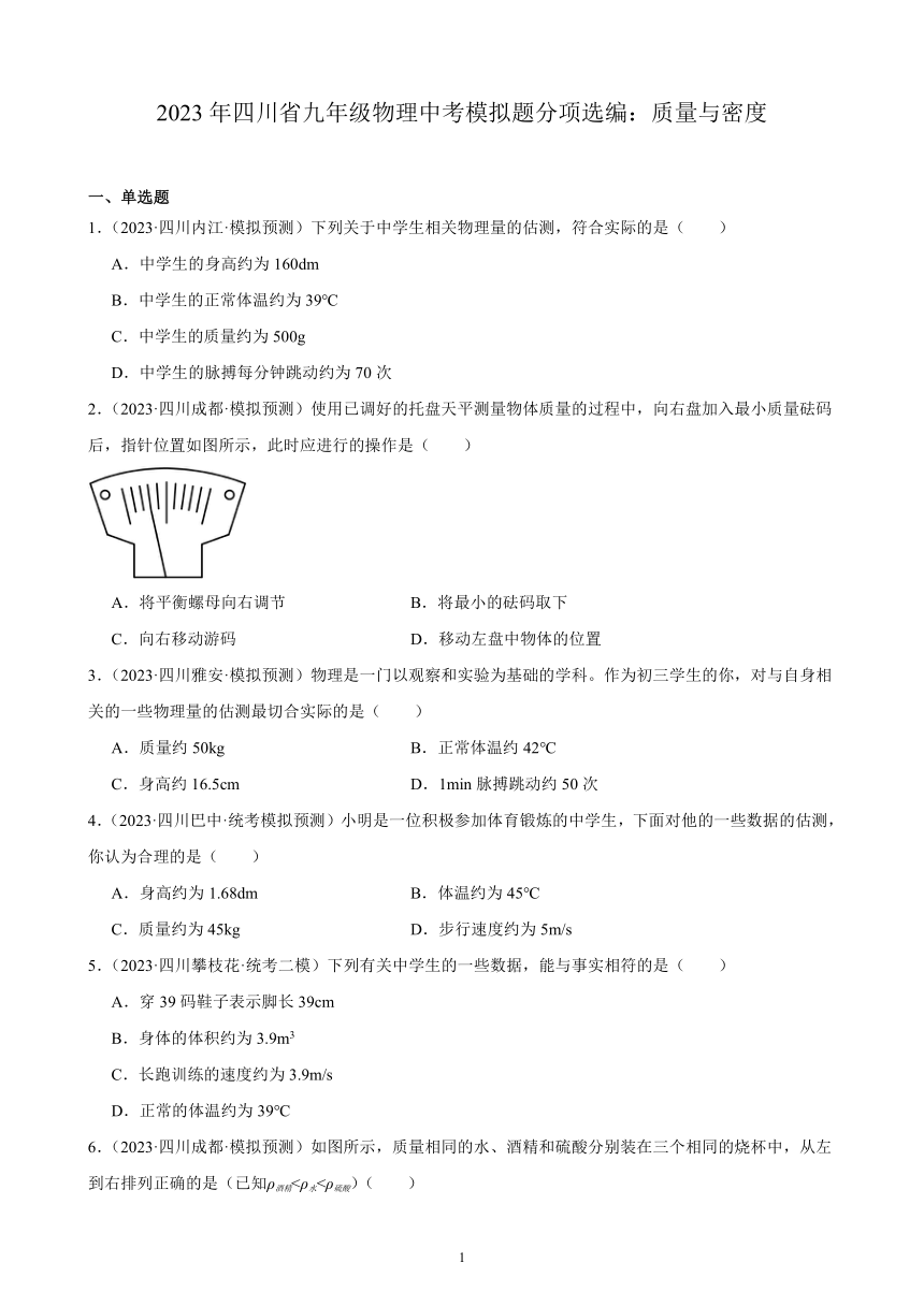 2023年四川省九年级物理中考模拟题分项选编：质量与密度（含解析）