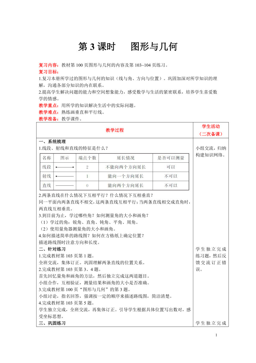 北师大版数学四年级上册 总复习  第3课时   图形与几何 精品教案