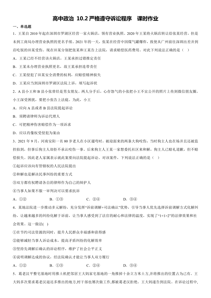 10.2严格遵守诉讼程序  同步练习（含答案）-2022-2023学年高中政治统编版选择性必修二法律与生活