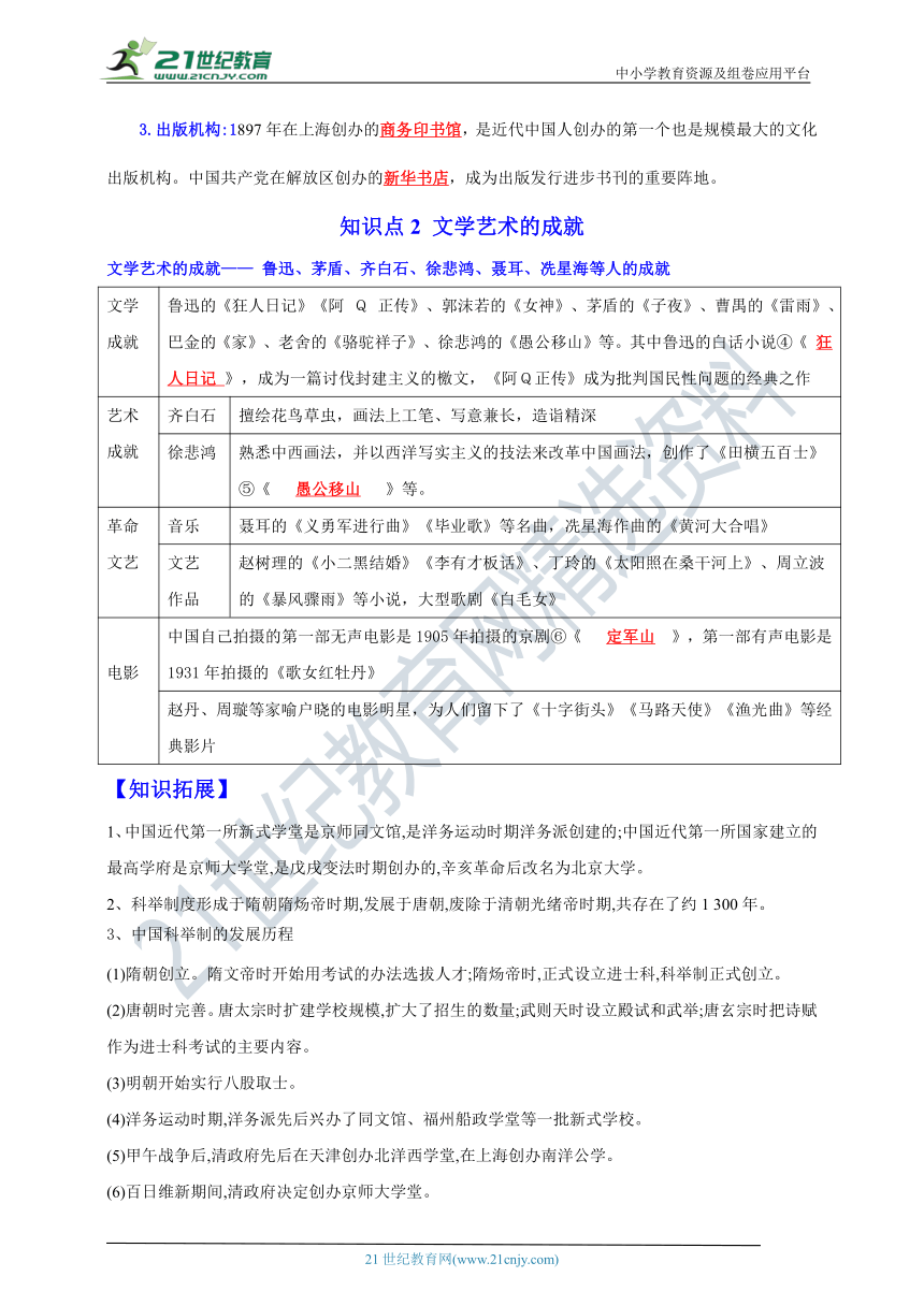 第26课  教育文化事业的发展【新课标背记要点与三年真题】