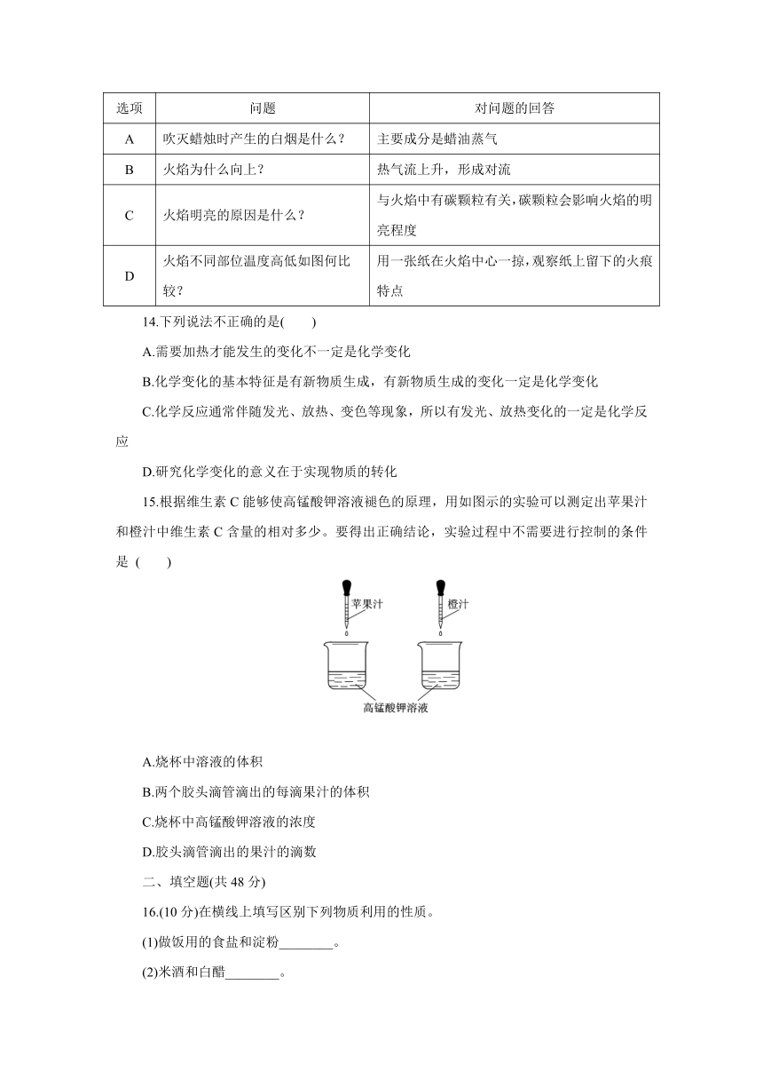 粤教版化学九年级上册 第一章  大家都来学化学  单元测试（word版有答案）