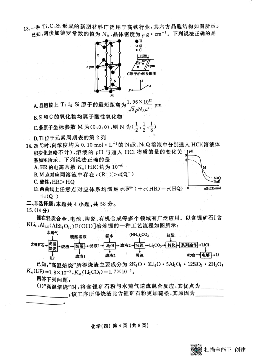 2023届重庆市部分学校普通高中学业水平选择性考试第四次模拟联考化学试题（扫描无答案）