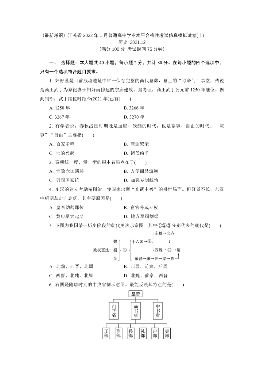 江苏省阜宁县实验高级中学2021-2022学年上学期高二学业水平合格性考试仿真模拟历史试卷(十)（word版含答案）