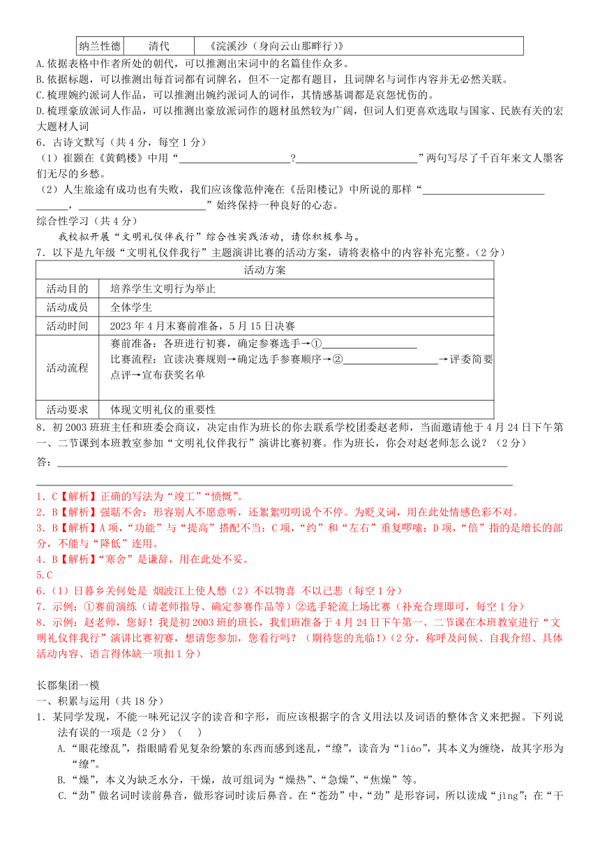 2023年长沙中考模拟考汇编：基础专题（含答案）