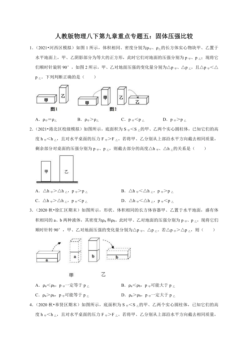 专题五：固体压强比较  检测—2020-2021学年人教版八年级物理下册重点专题复习（含答案）