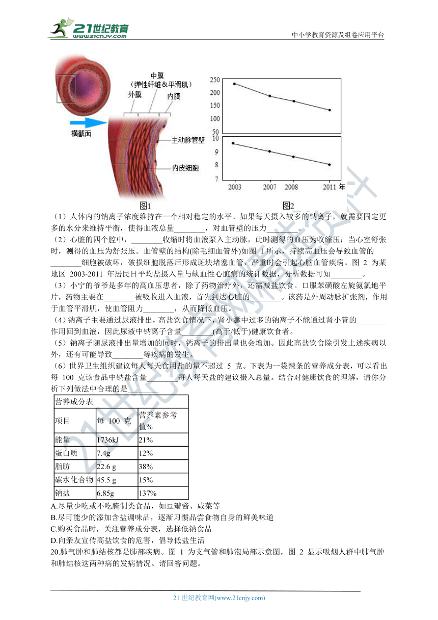 人教版2021初中生物八下八单元第三章了解自己增进健康 章末测试（含解析）