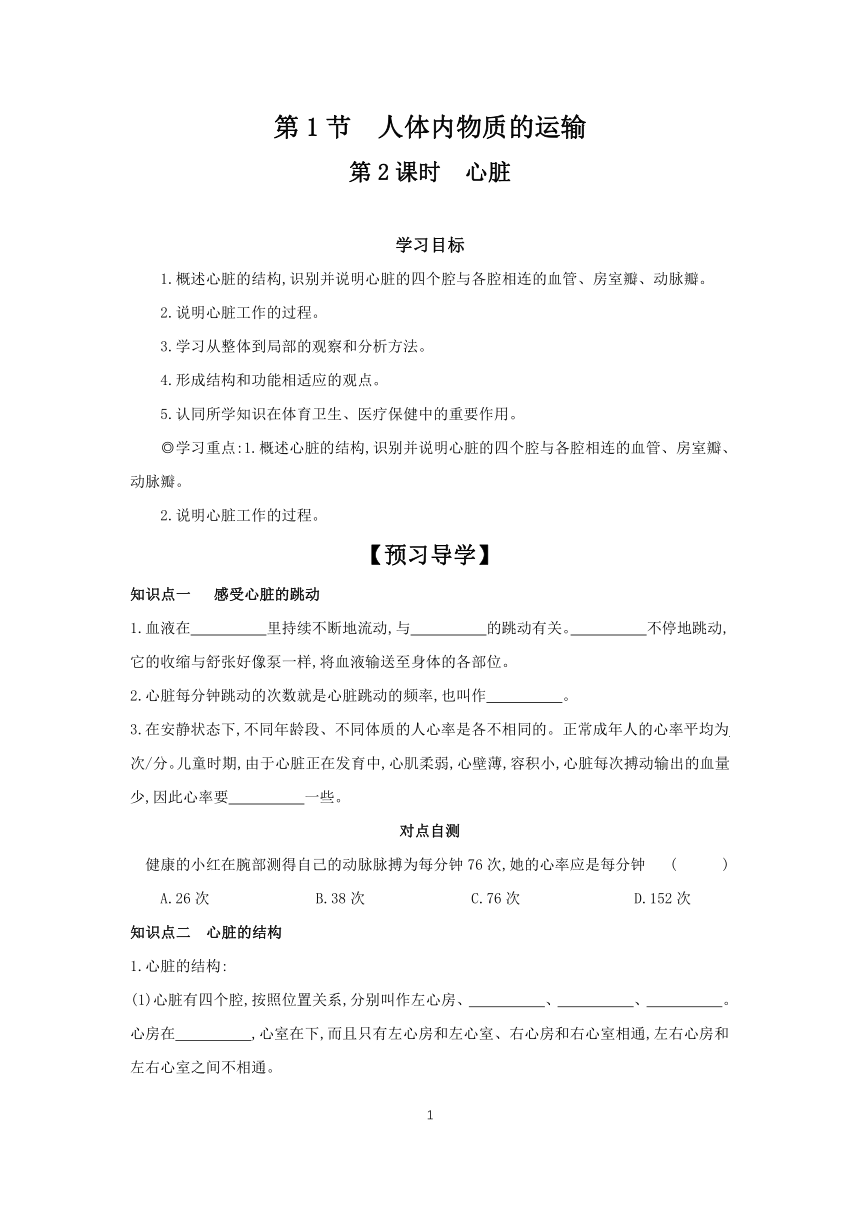 6.15.1 第2课时 心脏  学案（含答案） 2023-2024学年苏科版生物八年级上册