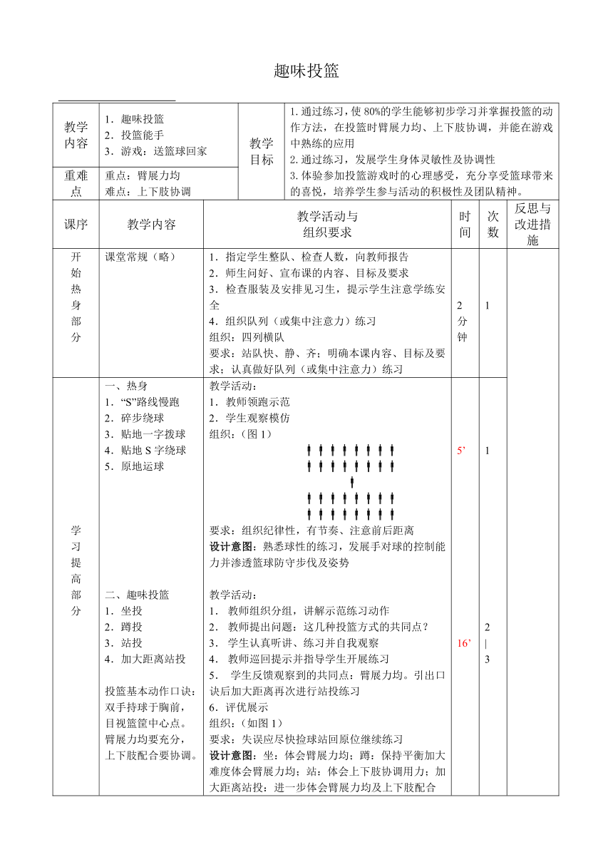 人教版三~四年级体育与健康 6.1.5小篮球 原地双手胸前投篮与游戏和比赛 教案