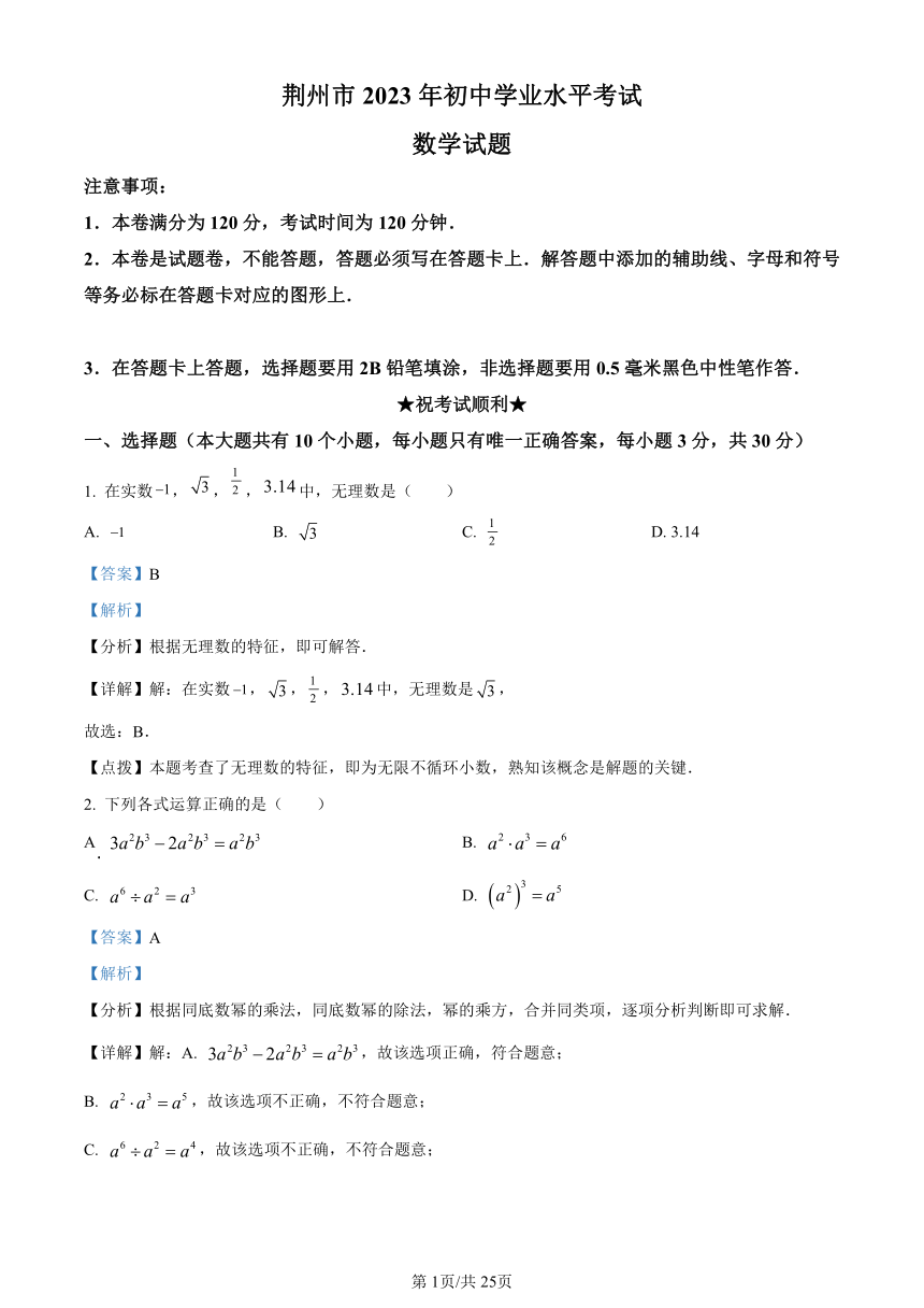 2023年湖北省荆州市数学中考真题（解析版）