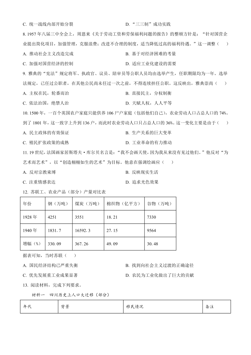 四川省南充市2023届高三上学期零诊试题 历史（含答案）