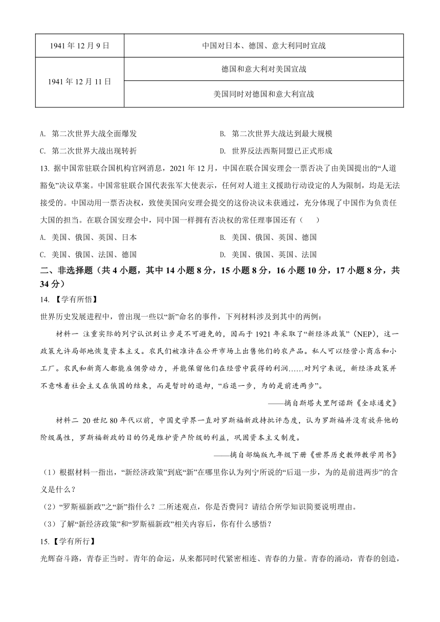 2022年湖北省江汉油田、潜江、天门、仙桃市中考历史真题（Word版，含答案）