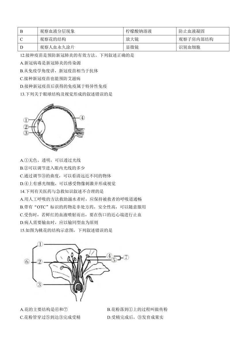 2022年山东省济南市八年级学业水平测试生物真题（Word版，含答案）