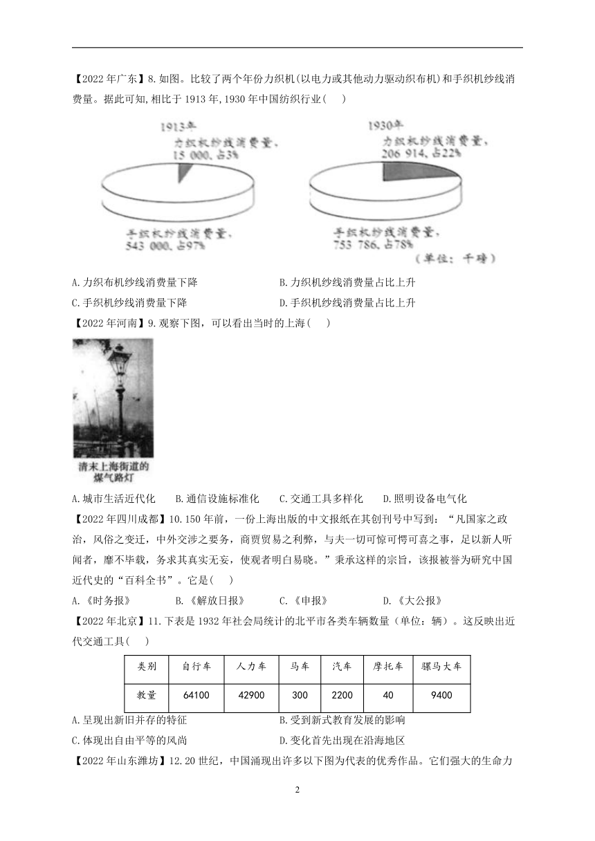 （15）近代经济、社会生活与教育文化事业的发展——2022年中考历史真题专项汇编（含答案）