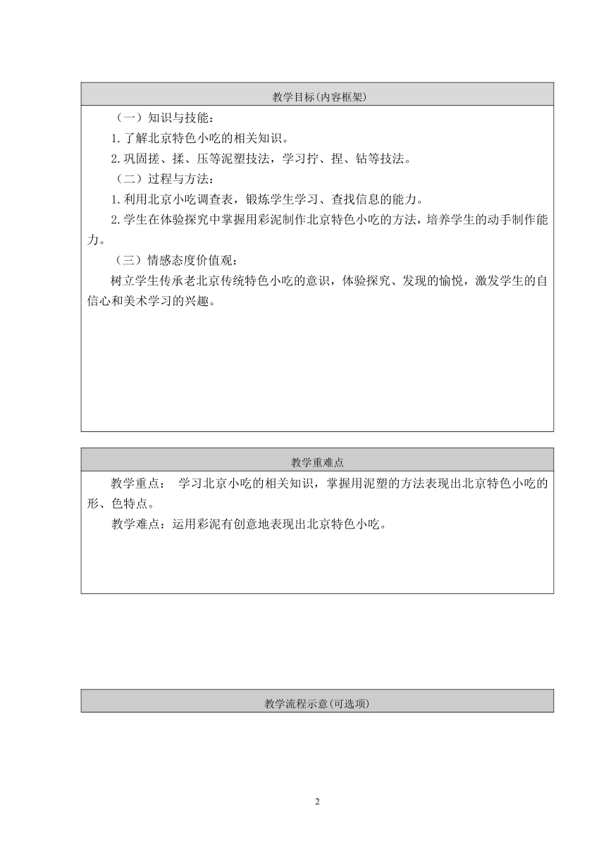 人美版 (北京)  一年级上册美术 第15课  特色小吃 教案（表格式）