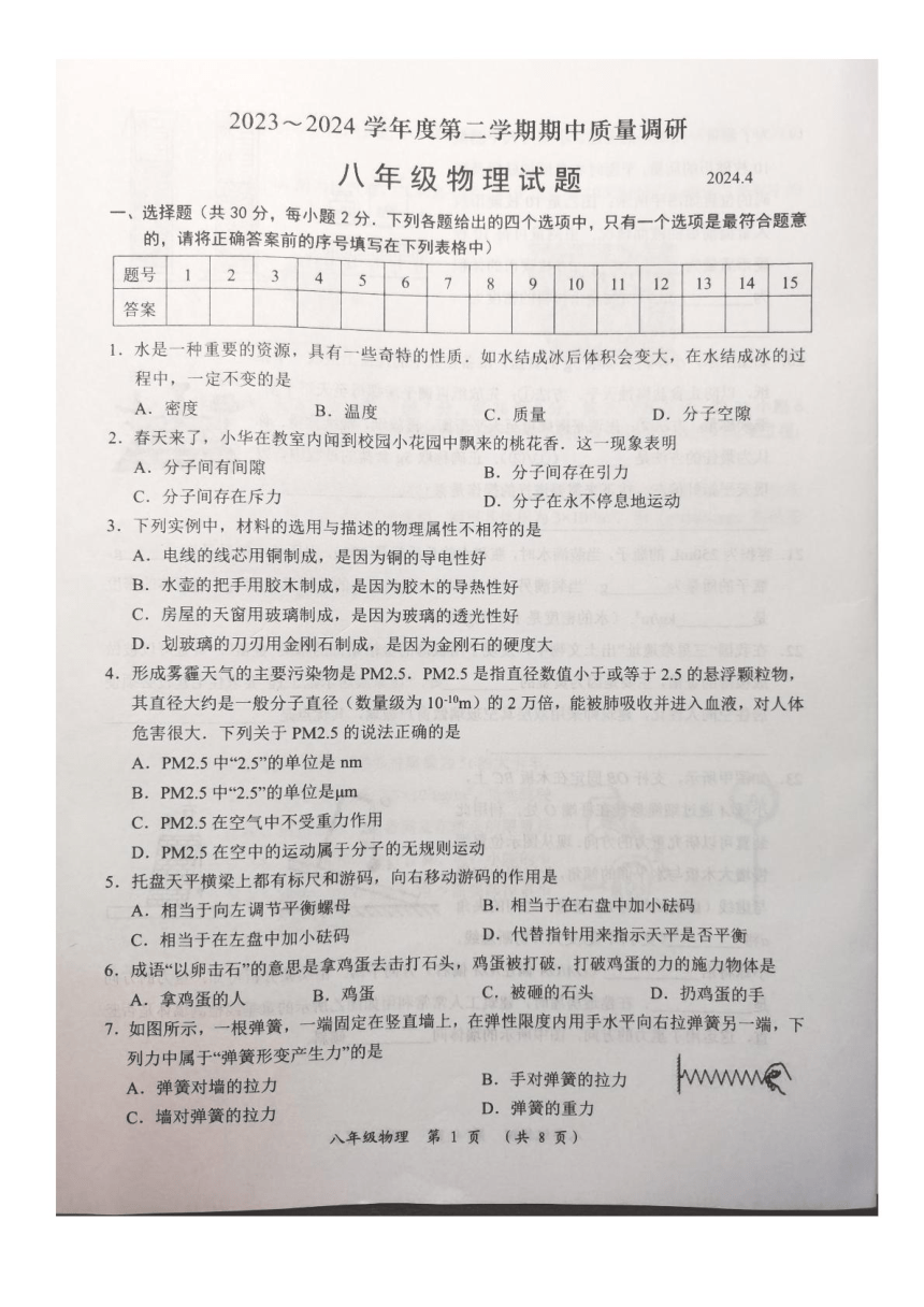 江苏省常州市2023~2024学年八年级下学期期中质量调研物理试卷（PDF版 无答案）