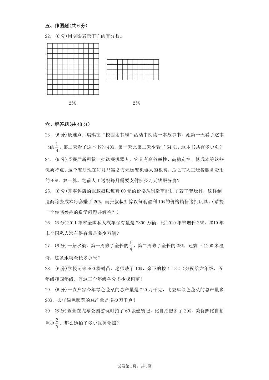 人教版六上第六单元百分数（一）常考易错题综合汇编（四）（含答案）