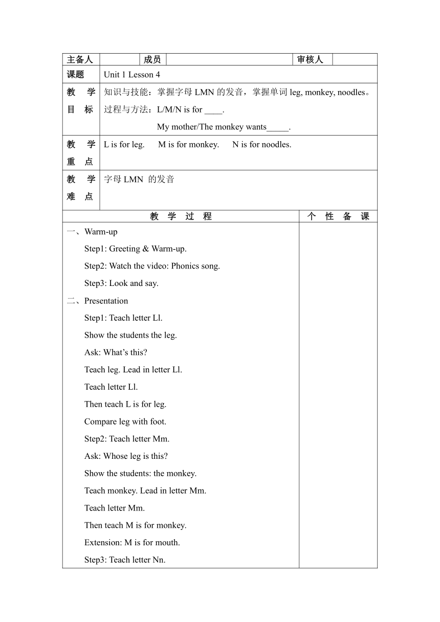 二年级上册英语教案-Unit 1 The English letters Lesson 4 清华版（表格式）