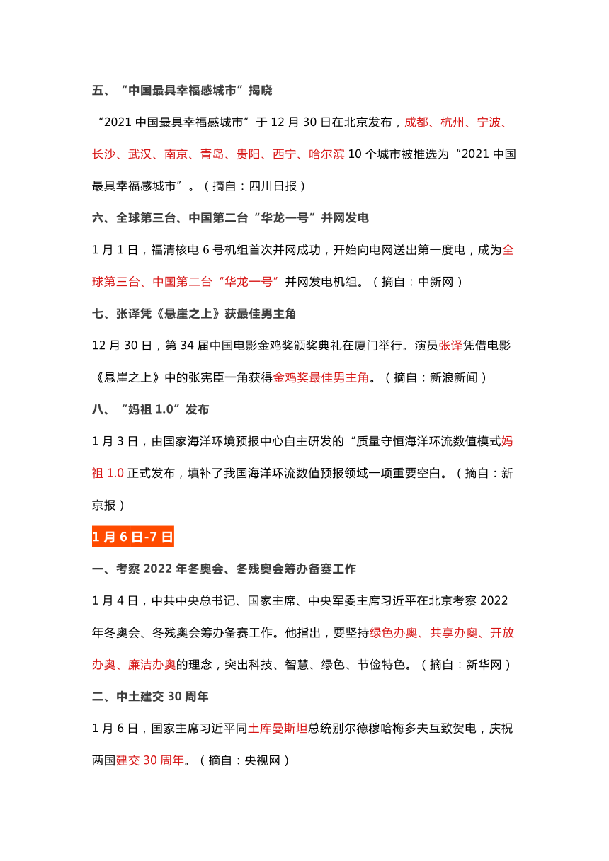 2022年1月时事政治国内外大事汇总